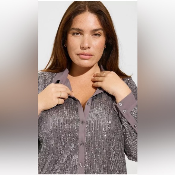 🦋Torrid Sequin Button-Front Long Sleeve Shirt - Picture 3 of 16